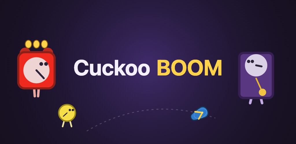 Cuckoo BOOM: un despertador rojo, un reloj de péndulo morado y un segundero amarillo alrededor del logotipo